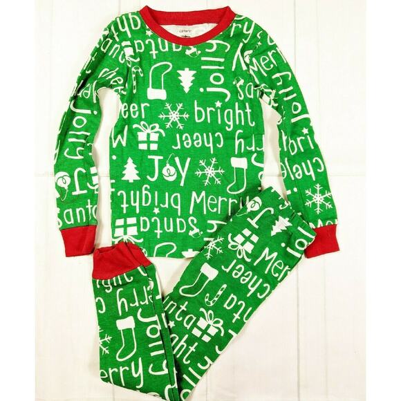 Carter's Holiday Words Green White & Red Pajamas 4 Youth - Picture 1 of 8